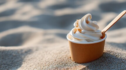 Vanilla soft serve ice cream in a cup with a wooden spoon on sand in the sunlight at the beach