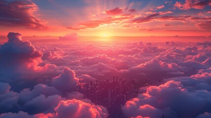 City peeks from clouds at bright sunrise. Above-view of metropolis under orange sun