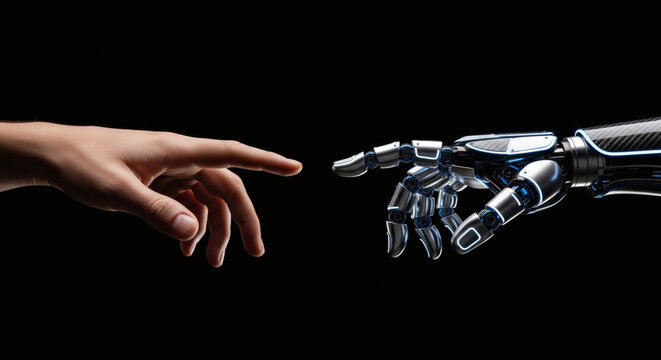 Human and Robot Hand Reaching: A human hand and a robotic hand reach towards each other, fingers almost touching, against a stark black background.