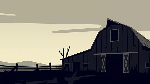 Stylized, monochrome image of a barn in a rural landscape under a cloudy sky
