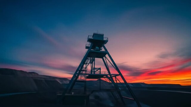 Mining headframe at sunset in open pit mine