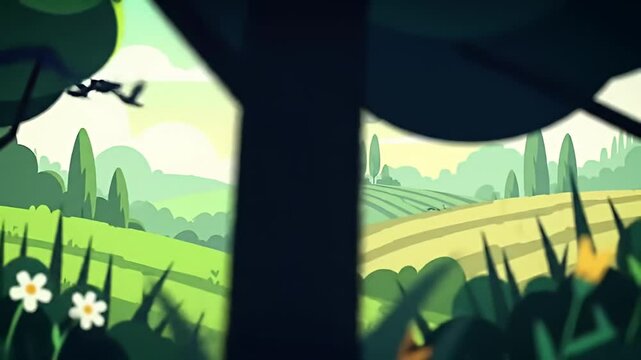 Cartoon-style landscape shows a house atop rolling hills with birds in flight