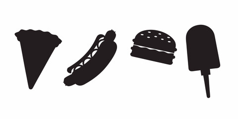 Silhouette of Culinary Delight: A collection of simple food silhouettes, featuring the tempting outlines of an ice cream, a hot dog, a hamburger, and a popsicle.