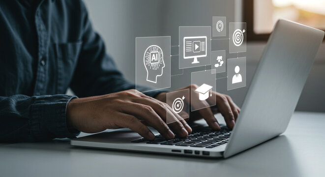 Person types on a laptop keyboard with digital icons representing AI, online learning, goals, and user profiles, symbolizing modern education and technology integration.