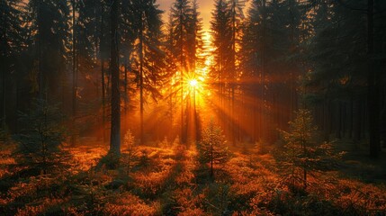 Sunburst through dense forest, beams filtering through trees, illuminating undergrowth