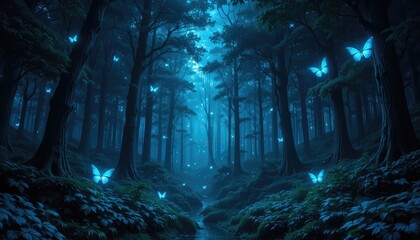 A mystical forest at night illuminated by glowing blue butterflies and a small stream running through it