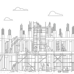 Obraz premium Construction workers building a multi-story structure with scaffolding and concrete pillars.