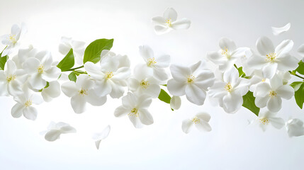 Obraz premium Beautiful white jasmine bloom suspended mid-air against a pristine white background, illustrating levitation and zero gravity concept—“Gravity Bloom” Ether Plant with delicate unseen blossom77453595 2