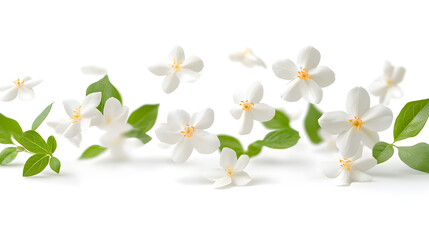 Fototapeta premium White jasmine bloom falling gracefully mid-air against a clean white background, depicting levitation and zero gravity concept with delicate petals—“Gravity Bloom” Ether Plant unseen bloom 76921802 3