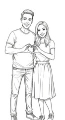 Cartoon Illustration of Young Couple Showing Love and Affection with Heart Hands