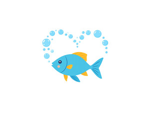 Cartoon Blue Fish with Yellow Fins and Bubbles in Heart Shape.