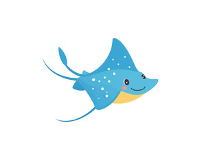 Cartoon Blue Spotted Stingray with Smiling Face and Long Tail.