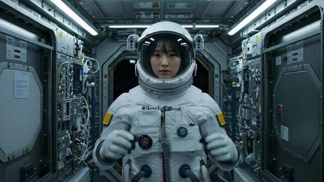 A young female astronaut stands still, her suit bearing mission insignias and patches indicating international cooperation.