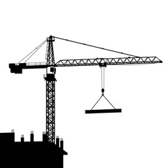 Silhouette of a construction crane lifting a beam, with a building under construction in the foreground.