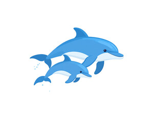 Obraz premium Cartoon Dolphins Mother and Baby Swimming Together with Water Bubbles.