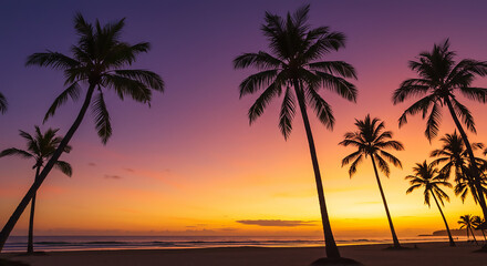Obraz premium Silhouetted palm trees stand tall on a tranquil beach at sunset, casting long shadows as the vibrant sky glows with warm, tropical colors.