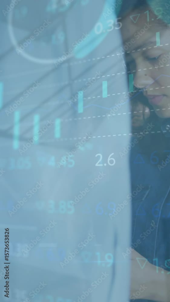 Poster animation of statistics and financial data processing over businesswoman using tablet in office