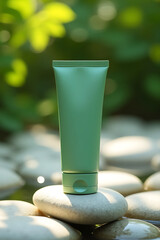 A minimalist green cosmetic tube rests on smooth white stones in a serene natural setting with soft green bokeh background