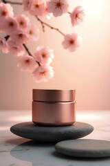 Elegant rose gold cosmetic jar rests on smooth dark stones with soft pink cherry blossoms in the background