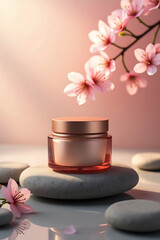 Elegant rose gold skincare cream jar displayed on smooth stones with delicate pink cherry blossoms and soft lighting