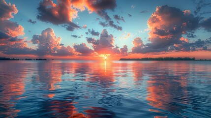 Fototapeta premium Calm water reflecting clouds aglow in orange sunrise over distant land