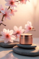 A luxurious rose gold cosmetic jar rests on stacked smooth gray stones with soft pink cherry blossoms in the background