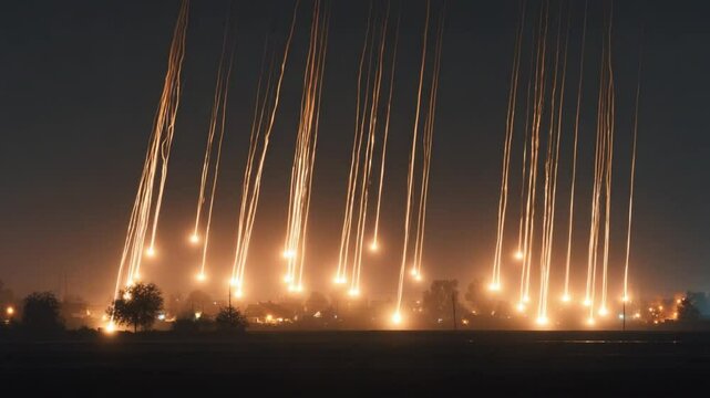Grad rockets multiple launch rocket system fires at night towards ground targets