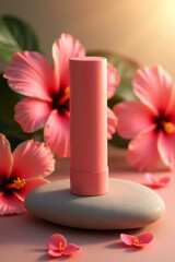 A minimalist pink cosmetic product stands on a smooth stone surrounded by soft pink hibiscus flowers and green leaves
