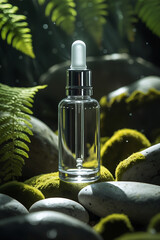 A clear glass dropper bottle filled with liquid sits on mossy rocks surrounded by lush green ferns and soft bokeh lights