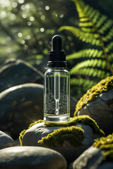 Glass dropper bottle with clear liquid and bubbles rests on mossy rocks with blurred green foliage and bokeh lights in background