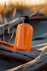 Shiny orange pump bottle placed on weathered driftwood with soft golden hour light and dry grass stalks