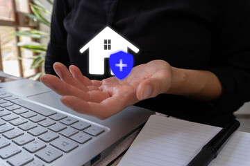 A woman discusses the aspects of buying a house. Abstract concept. A woman in front of a house and...