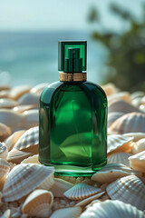 Elegant green glass perfume bottle with gold accents rests on a bed of seashells with a blurred ocean background