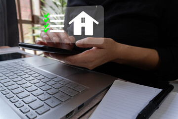 A woman discusses the aspects of buying a house. Abstract concept. A woman in front of a house and...