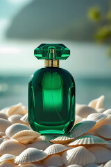 Elegant emerald green perfume bottle with gold accents rests on a bed of natural seashells with a soft ocean background