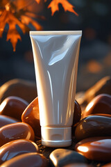 A smooth white cosmetic tube stands upright surrounded by polished brown pebbles and blurred autumn leaves in warm sunlight