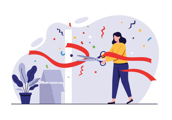 Woman Cutting Red Ribbon with Scissors Celebrating Grand Opening or Launch.