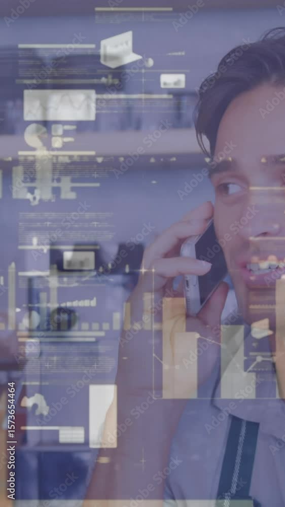 Poster animation of financial data processing over man using smartphone