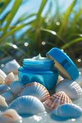 A luxurious blue jar of rich cream sits open surrounded by delicate seashells on a bright sunny day