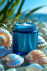 Luxurious blue glass jar of white cream nestled among seashells on a tropical beach with ocean and palm leaves in the background