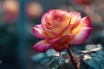 A bicolor rose drenched in dewdrops stands prominently against a muted backdrop of leaves and bokeh