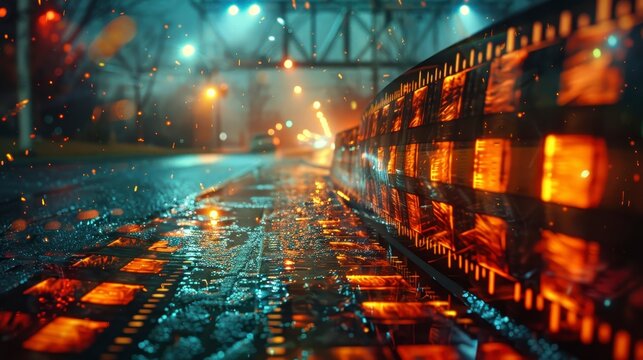 Wet city street reflects lights and bridge. Film strip in foreground with orange glow. Bokeh, abstract