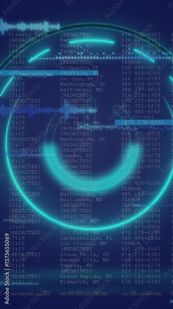 Poster animation of neon round scanner and light trails over data processing on blue background