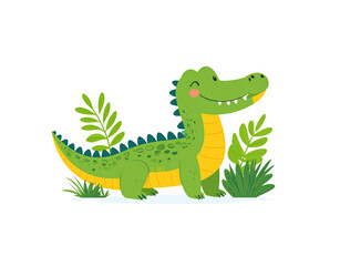 Cartoon Green Alligator with Yellow Underside and Spikes Illustration.