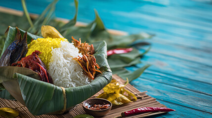 Malaysia Day: Steaming bowl of nasi lemak with pandan leaves, coconut rice surrounded by sambal and anchovies.