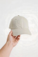 Hand Holding Beige Baseball Cap