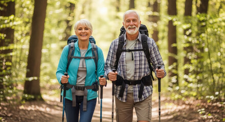 Active Seniors Hiking: An active senior couple, brimming with vitality, enjoys a shared hike in a sun-dappled forest, showcasing an inspiring image of active and healthy aging.