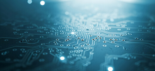 Abstract blue circuit board pattern with glowing lights and blurred background, ideal for tech-themed visuals, server illustrations, and cyber communication posters