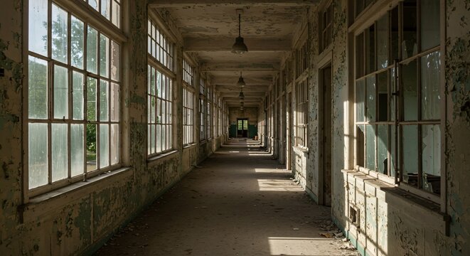 Abandoned hallway in a derelict building with peeling paint and broken windows - Powered by Adobe