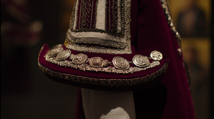 Mexican Independence Day: Hand-embroidered charro hat with silver embellishments, deep red fabric and intricate stitching under golden light.